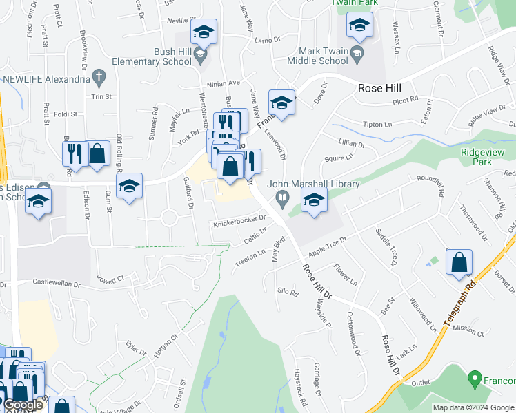 map of restaurants, bars, coffee shops, grocery stores, and more near 6224 Rose Hill Drive in Alexandria
