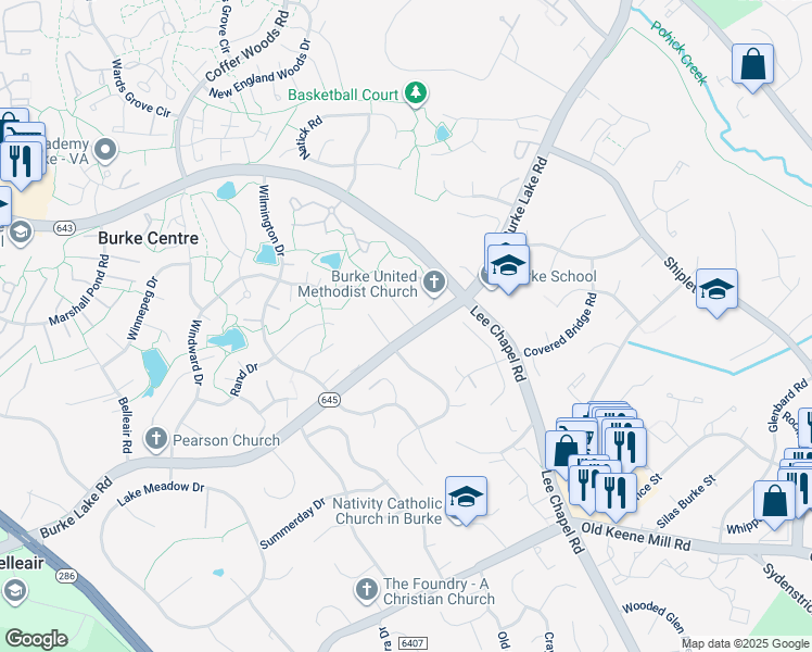 map of restaurants, bars, coffee shops, grocery stores, and more near 6160 Lucas Pond Court in Burke