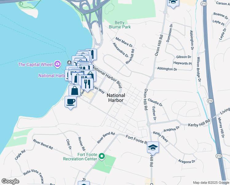 map of restaurants, bars, coffee shops, grocery stores, and more near 104 Saint Ives Place in Oxon Hill