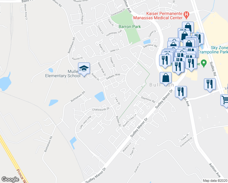 map of restaurants, bars, coffee shops, grocery stores, and more near 8087 Lacy Drive in Manassas