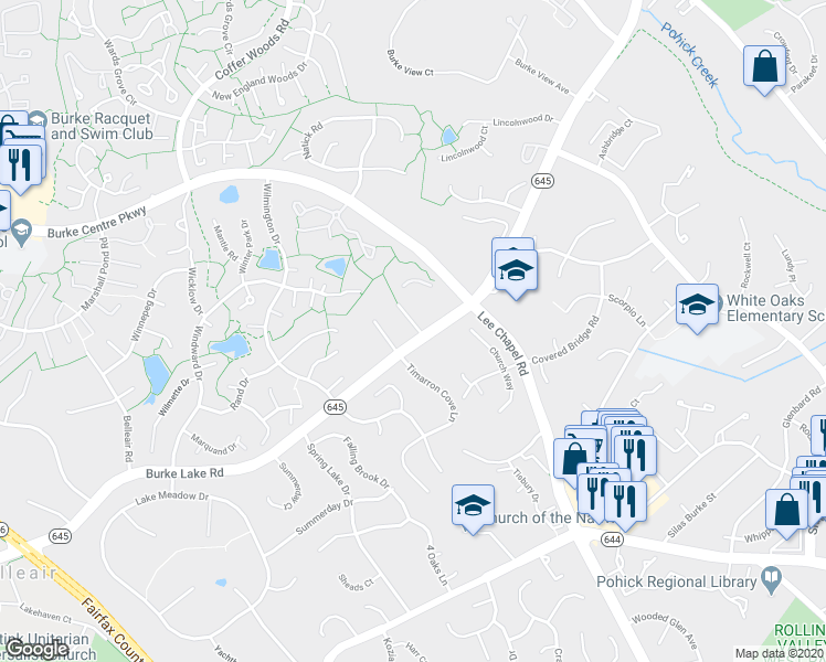 map of restaurants, bars, coffee shops, grocery stores, and more near 6160 Lucas Pond Court in Burke