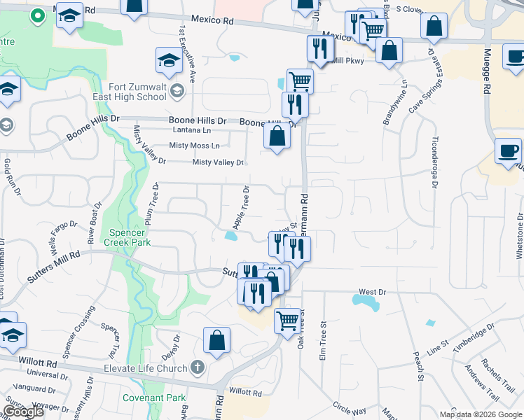 map of restaurants, bars, coffee shops, grocery stores, and more near 13 Apple Tree Court in St. Peters