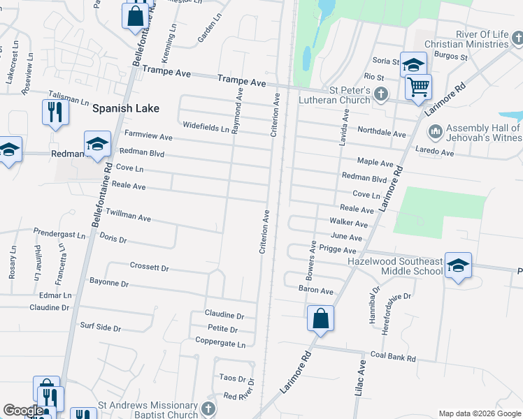 map of restaurants, bars, coffee shops, grocery stores, and more near 11726 Criterion Avenue in St. Louis