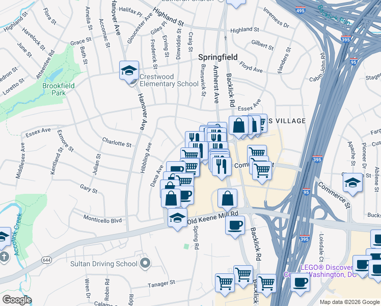 map of restaurants, bars, coffee shops, grocery stores, and more near 6116 Cumberland Avenue in Springfield