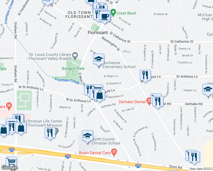 map of restaurants, bars, coffee shops, grocery stores, and more near 135 Saint Anthony Lane in Florissant