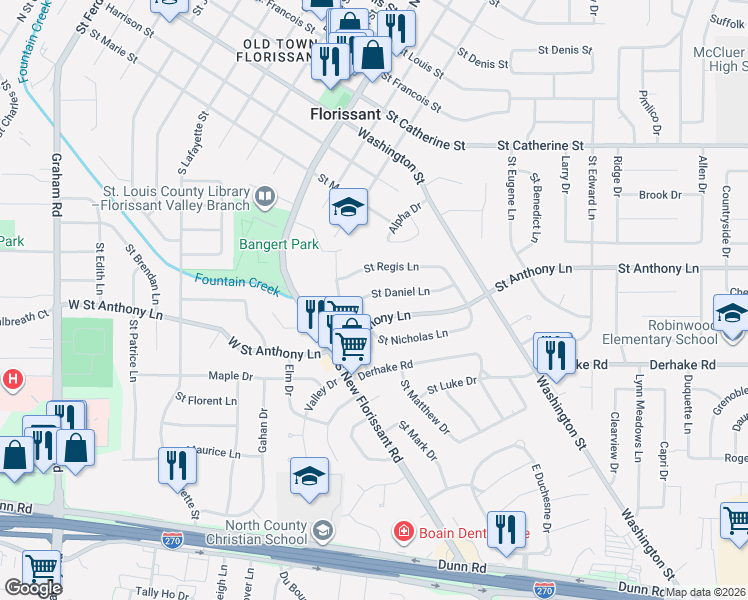 map of restaurants, bars, coffee shops, grocery stores, and more near 135 Saint Anthony Lane in Florissant