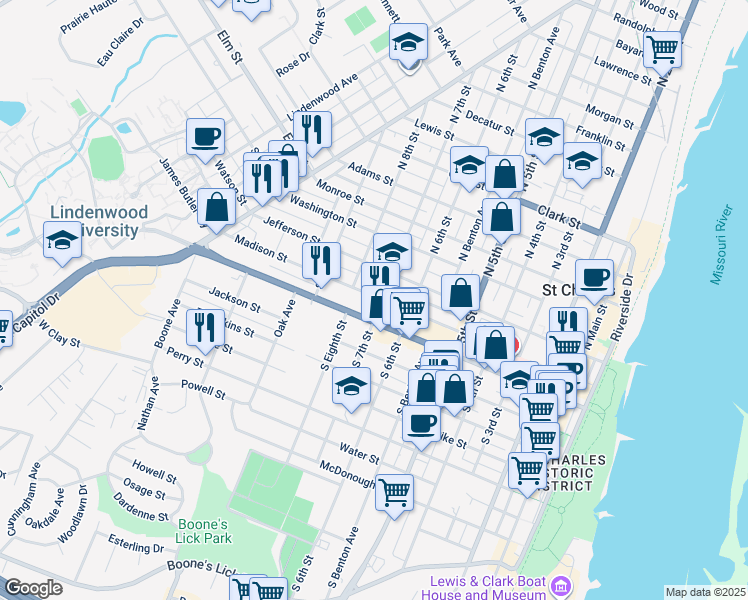 map of restaurants, bars, coffee shops, grocery stores, and more near 700 1st Capitol Drive in Saint Charles