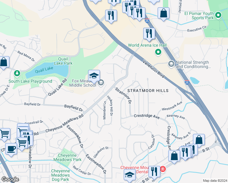 map of restaurants, bars, coffee shops, grocery stores, and more near 1520 Sweetbriar Circle in Colorado Springs