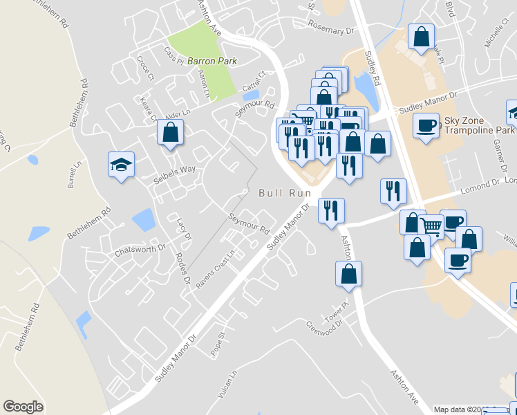 map of restaurants, bars, coffee shops, grocery stores, and more near 10870 Stone Hill Lane in Manassas