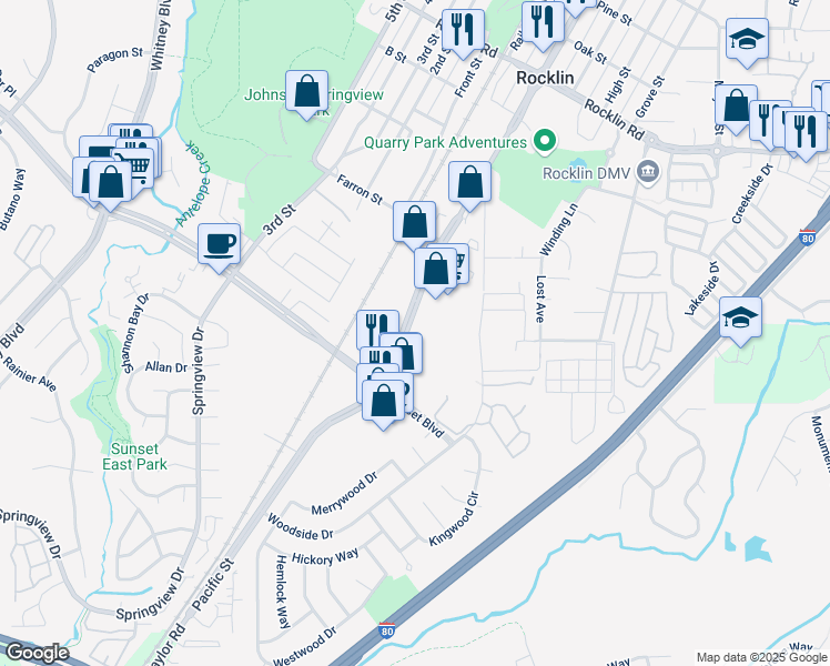 map of restaurants, bars, coffee shops, grocery stores, and more near 5619 Pacific Street in Rocklin