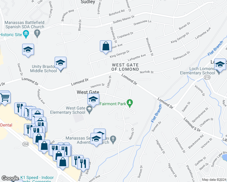 map of restaurants, bars, coffee shops, grocery stores, and more near 7988 Deward Court in Manassas