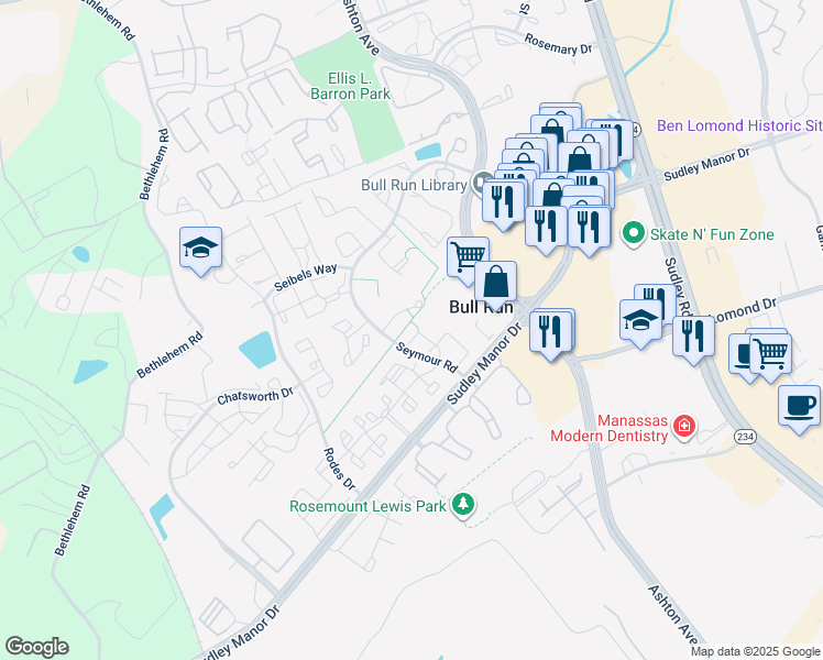 map of restaurants, bars, coffee shops, grocery stores, and more near 10934 Mission Ridge Drive in Manassas