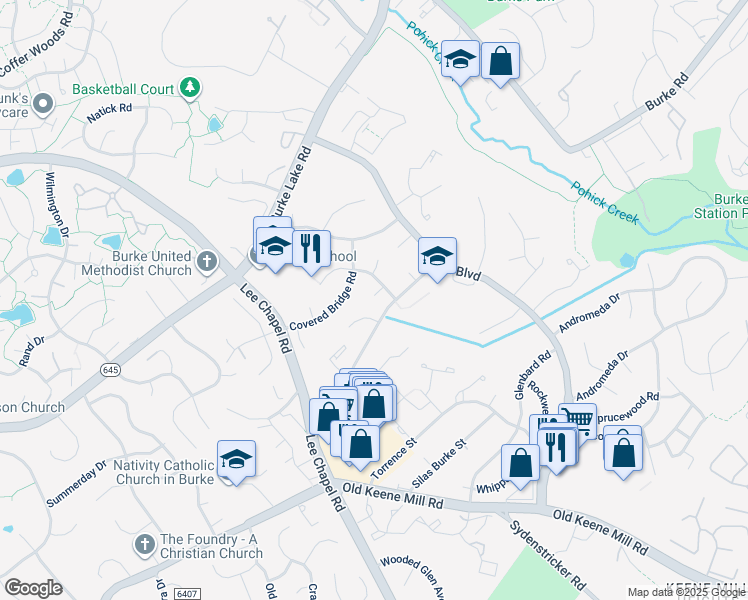 map of restaurants, bars, coffee shops, grocery stores, and more near 9505 Scorpio Lane in Burke