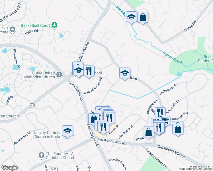 map of restaurants, bars, coffee shops, grocery stores, and more near 9505 Scorpio Lane in Burke