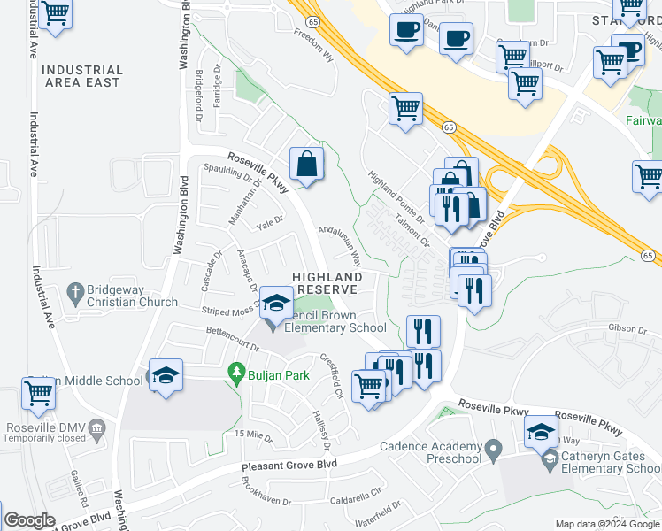 map of restaurants, bars, coffee shops, grocery stores, and more near 61 Shire Court in Roseville