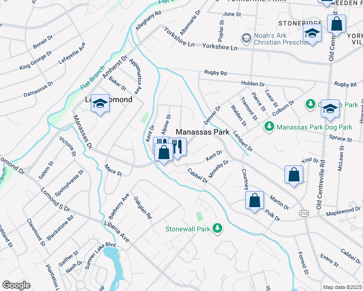map of restaurants, bars, coffee shops, grocery stores, and more near 9528 Walker Way in Manassas Park