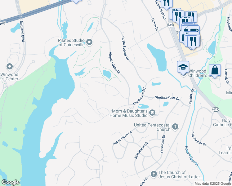 map of restaurants, bars, coffee shops, grocery stores, and more near 14353 Presidents Landing Way in Gainesville