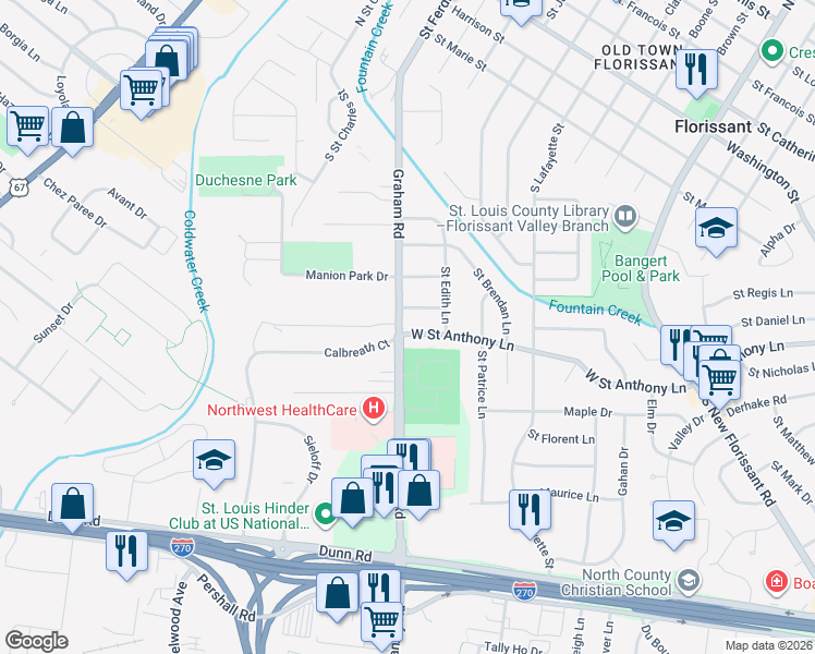 map of restaurants, bars, coffee shops, grocery stores, and more near 900 Graham Road in Florissant