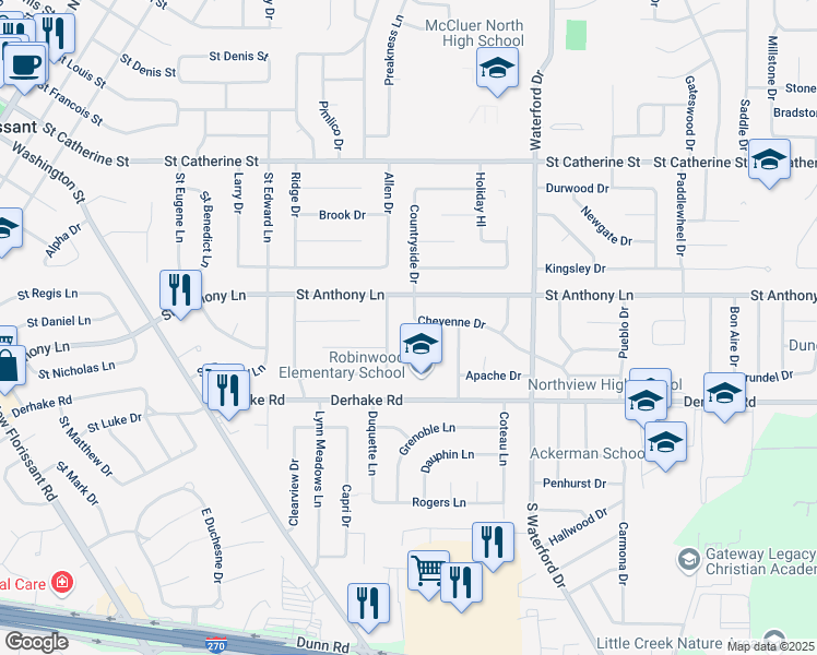 map of restaurants, bars, coffee shops, grocery stores, and more near 205 Countryside Drive in Florissant