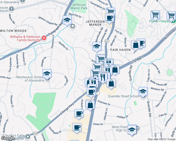 map of restaurants, bars, coffee shops, grocery stores, and more near 2826 Red Star Lane in Alexandria