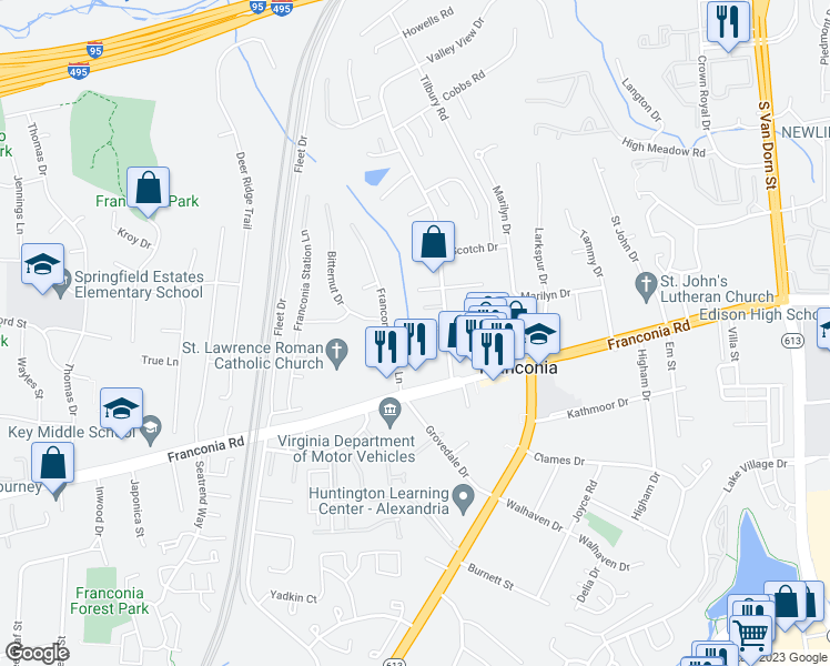map of restaurants, bars, coffee shops, grocery stores, and more near 6204 Valley View Drive in Alexandria