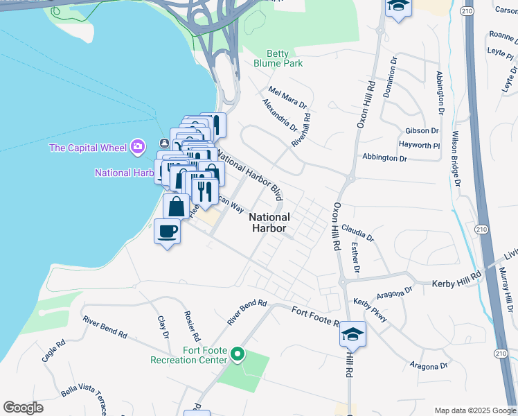 map of restaurants, bars, coffee shops, grocery stores, and more near 106 Saint Ives Place in Oxon Hill