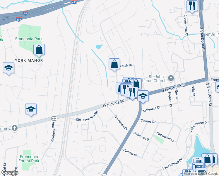 map of restaurants, bars, coffee shops, grocery stores, and more near 6204 Valley View Drive in Alexandria