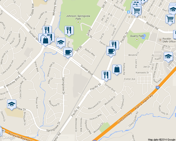 map of restaurants, bars, coffee shops, grocery stores, and more near 89 Sunset Boulevard in Rocklin