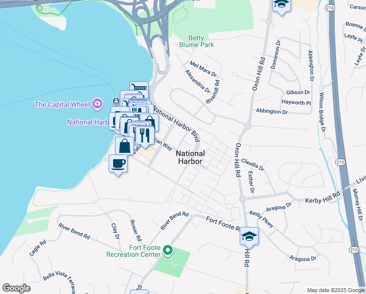 map of restaurants, bars, coffee shops, grocery stores, and more near 106 Saint Ives Place in Oxon Hill