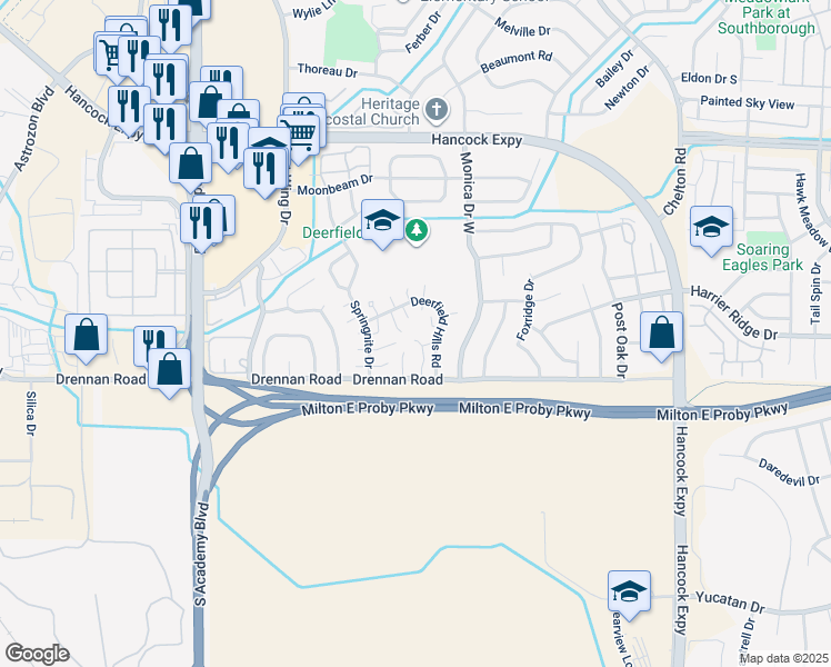 map of restaurants, bars, coffee shops, grocery stores, and more near 4230 Drennan Road in Colorado Springs