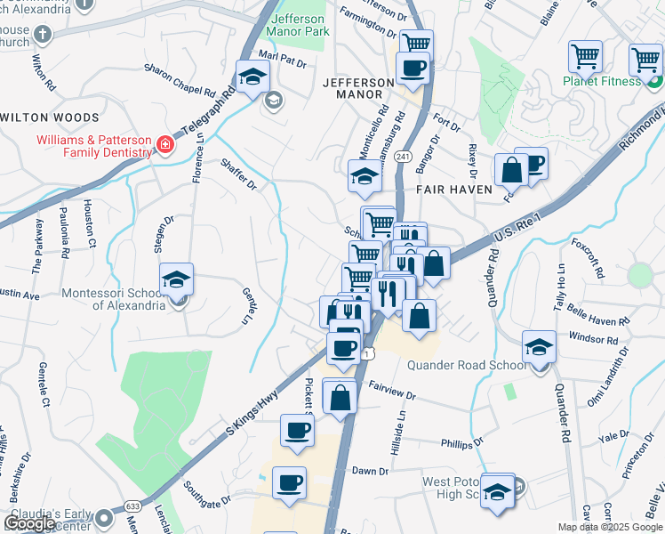 map of restaurants, bars, coffee shops, grocery stores, and more near 2826 Red Star Lane in Alexandria