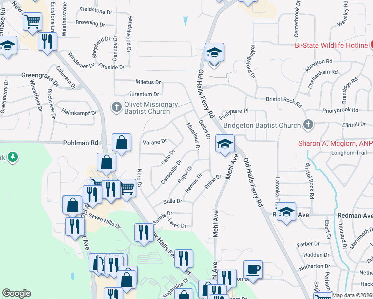 map of restaurants, bars, coffee shops, grocery stores, and more near 4493 Papal Drive in Florissant