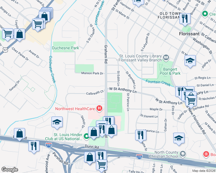 map of restaurants, bars, coffee shops, grocery stores, and more near 900 Graham Road in Florissant