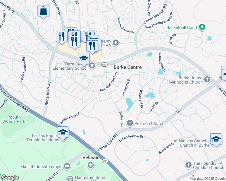 map of restaurants, bars, coffee shops, grocery stores, and more near 10069 Marshall Pond Road in Burke