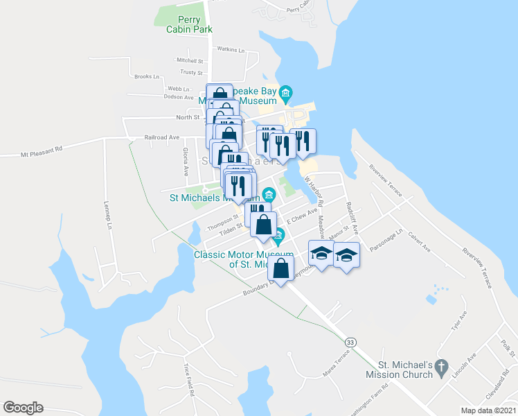 map of restaurants, bars, coffee shops, grocery stores, and more near 410 Saint Mary's Square in Saint Michaels