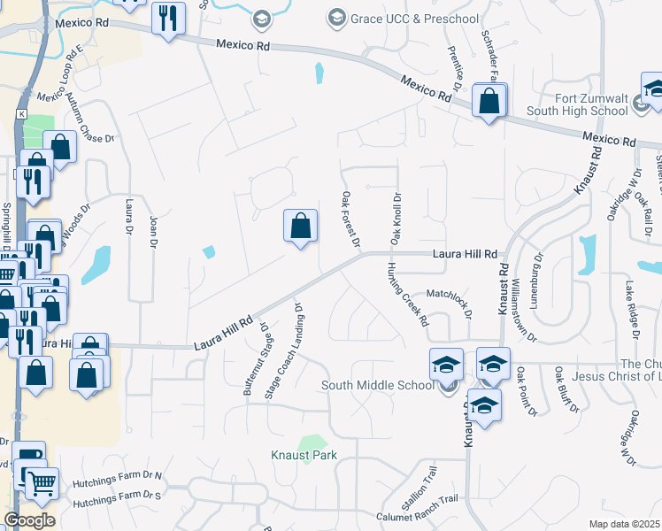 map of restaurants, bars, coffee shops, grocery stores, and more near 50 Laura Hill Road in St. Peters