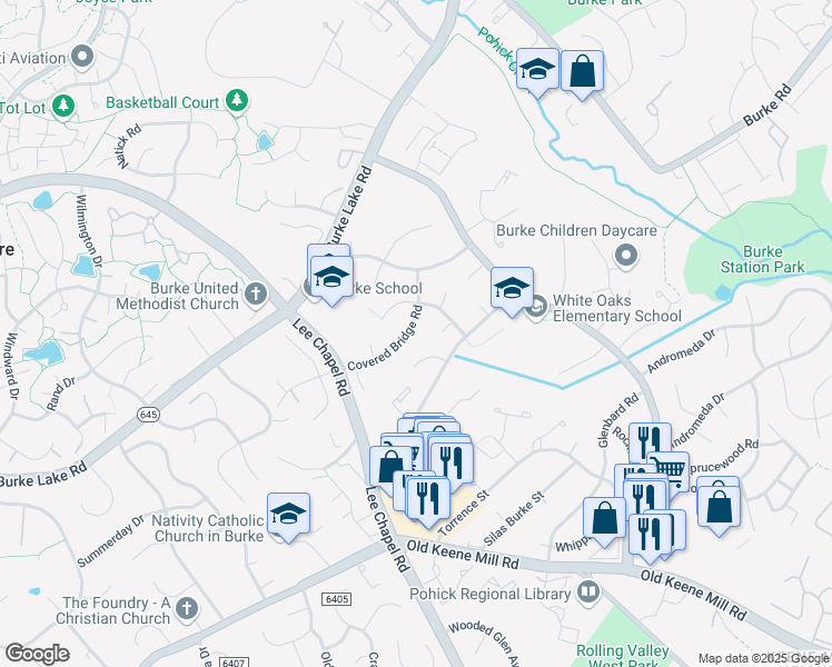 map of restaurants, bars, coffee shops, grocery stores, and more near 6113 Covered Bridge Road in Burke
