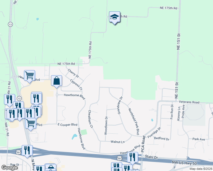 map of restaurants, bars, coffee shops, grocery stores, and more near 1446 Northfield Park Boulevard in Warrensburg