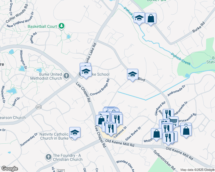 map of restaurants, bars, coffee shops, grocery stores, and more near 6113 Covered Bridge Road in Burke