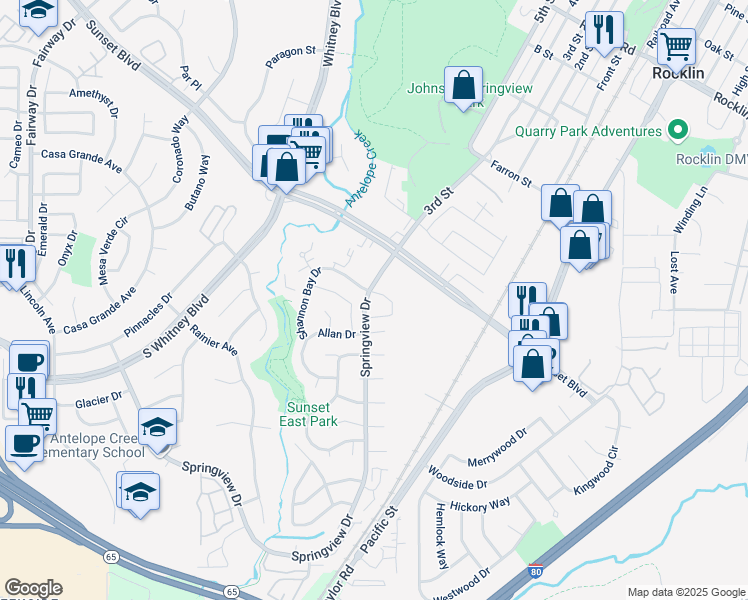 map of restaurants, bars, coffee shops, grocery stores, and more near 5795 Springview Drive in Rocklin
