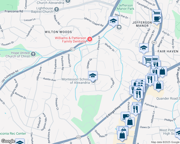 map of restaurants, bars, coffee shops, grocery stores, and more near 3408 Rebecca Jane Way in Alexandria