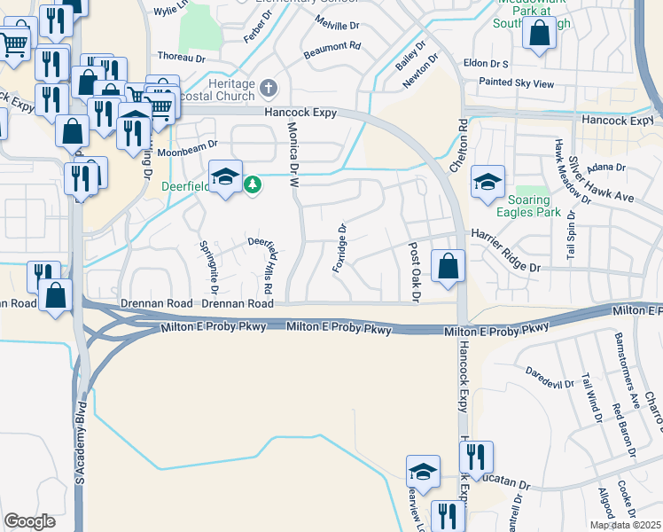 map of restaurants, bars, coffee shops, grocery stores, and more near 3458 Foxridge Drive in Colorado Springs