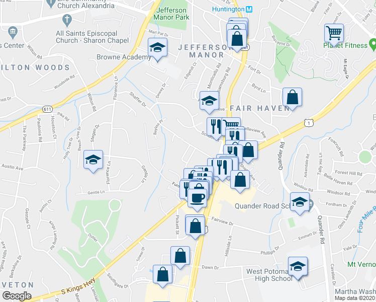 map of restaurants, bars, coffee shops, grocery stores, and more near 2869 Lowen Valley Road in Alexandria