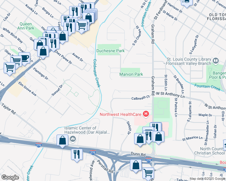 map of restaurants, bars, coffee shops, grocery stores, and more near 7635 Hazelcrest Drive in Hazelwood