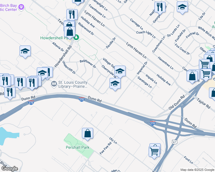 map of restaurants, bars, coffee shops, grocery stores, and more near 6711 Cherryvale Drive in Hazelwood