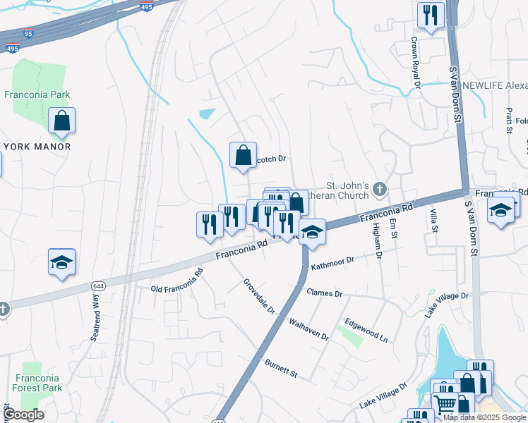 map of restaurants, bars, coffee shops, grocery stores, and more near 6202 Old Valley Court in Alexandria