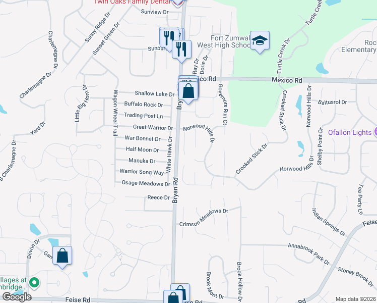map of restaurants, bars, coffee shops, grocery stores, and more near 1296 Clinton Hill Court in O'Fallon