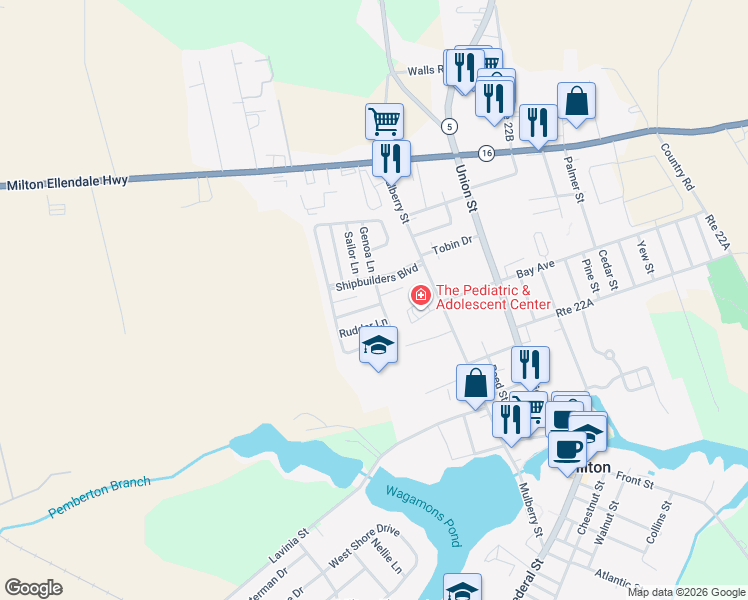 map of restaurants, bars, coffee shops, grocery stores, and more near 424 Rudder Lane in Milton