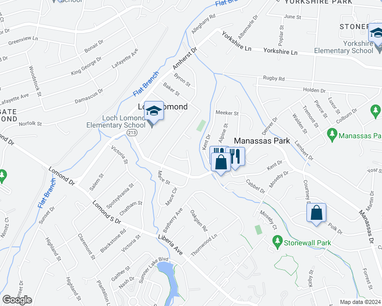 map of restaurants, bars, coffee shops, grocery stores, and more near 118 Mace Street in Manassas Park