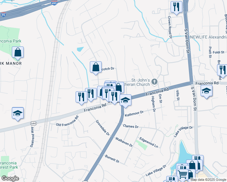 map of restaurants, bars, coffee shops, grocery stores, and more near 6215 Little Valley Way in Alexandria